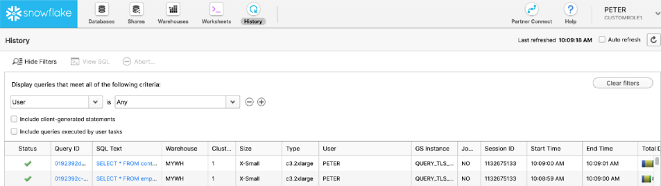 A screen shot of the Snowflake data quality feature Access History