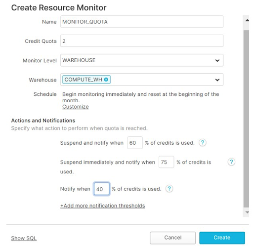 Screen shot of a Snowflake resource monitor which can help with Snowflake cost optimization.