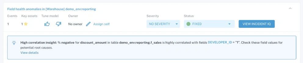 Example of an Insight notification on Incidents feed