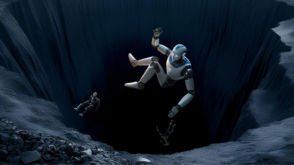 Robots falling into a chasm to depict data gaps.